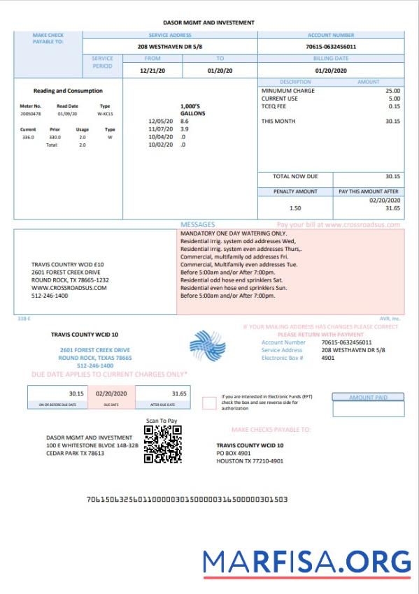 Realistic USA Texas Dasor Management and Investment utility bill template in Word nd PDF format